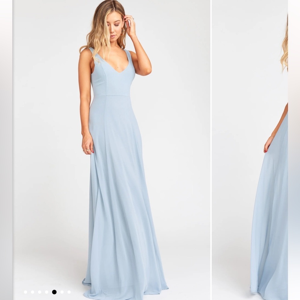 Nwt Show Me Your Mumu Jenn Deep V Neck Back Solid Steel Blue Chiffon Maxi 9845